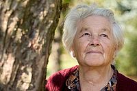 Auf dem Bild ist das Gesicht einer älteren Frau zu sehen. Sie steht im Park neben einem Baum und schaut in Richtung Himmel.