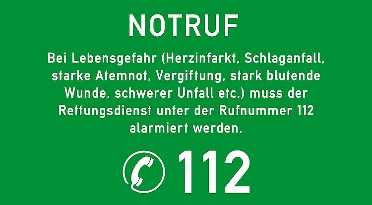 Auf dem Bild ist eine grüne Tafel zu sehen. Auf der Tafel steht in weißen Buchstaben die Notrufnummer „112“